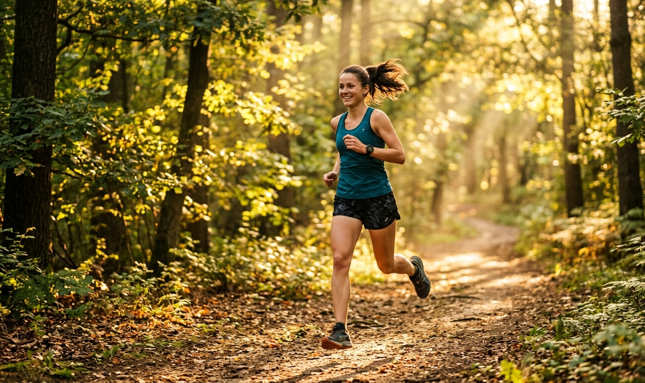 Žena běží v přírodě za ranního světla na lesní stezce