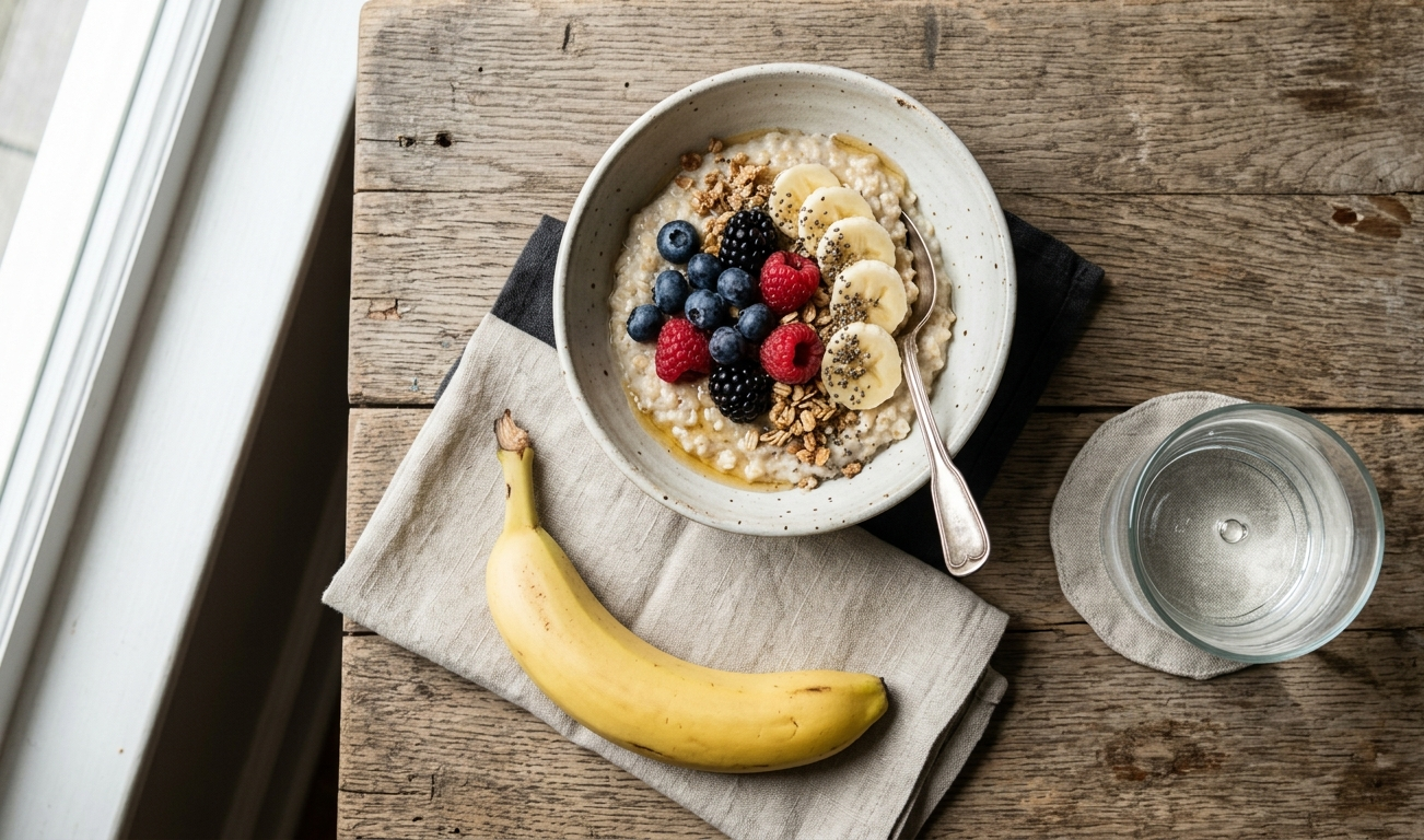Zdravé snídaňové jídlo na dřevěném stole — banán, ovesná kaše s lesním ovocem a sklenička vody