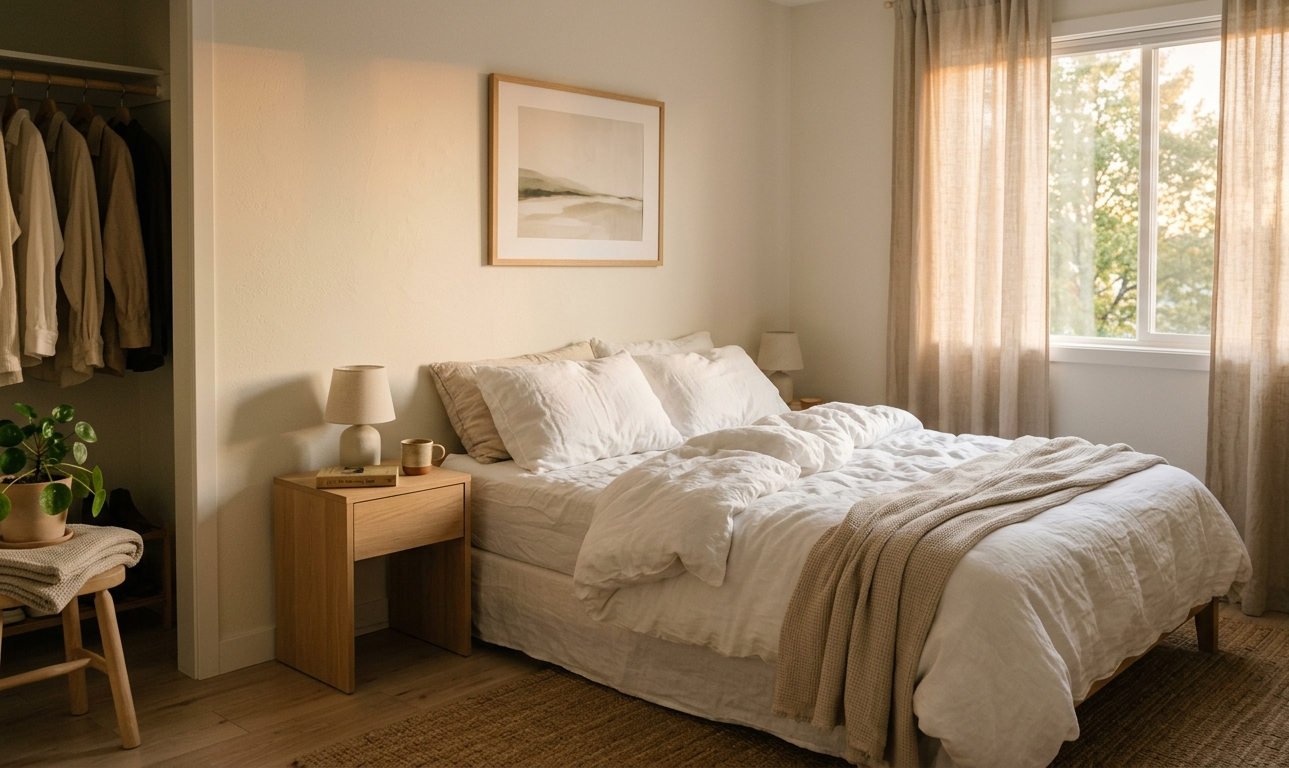 Klidná ložnice s ranním světlem pronikajícím oknem — symbol klidného spánku po pravidelném pohybu